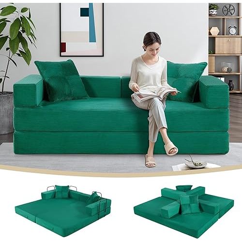 4-in-1 Convertible Folding Sofa Bed, 79" Oversized Corduroy Upholstered Boneless Couch, Loveseat Sleeper Sofa Bed, Floor Sofabed Modular Futon Couch for Living Room Bedroom Lounge (Green)