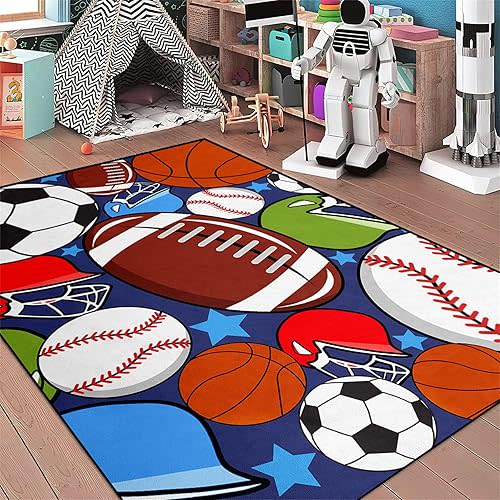 Blue Sport Rugs Boys Rugs for Bedroom Kids Rug Balls with Soccer Ball, Basketball, Football, Tennis Ball Playroom Rug for Living Room Bedroom Decor, 3'x5'