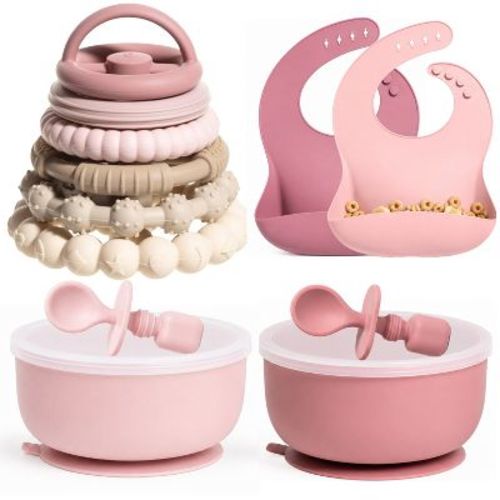 Silicone Baby Feeding Set, Suction Bowls with Lids and Spoons, Waterproof Baby Bibs, Stacking Teether Toys, BPA Free Baby Shower Kit for 0-6 Months
