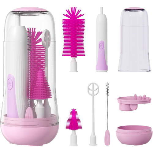 Electric Bottle Brush, Electric Baby Bottle Brush Set with Silicone Bottle/Pacifier/Straw Brush and Mixing Head, Waterproof Bottle Cleaner Brush with Drainage Rack- Purple