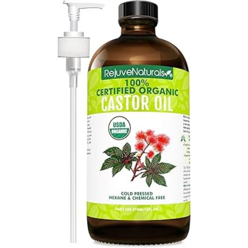 RejuveNaturals Castor Oil (16oz Glass Bottle) USDA Certified Organic, 100% Pure, Cold Pressed, Hexane Free. Boost Hair Growth for Thicker, Fuller Hair, Lashes & Eyebrows.