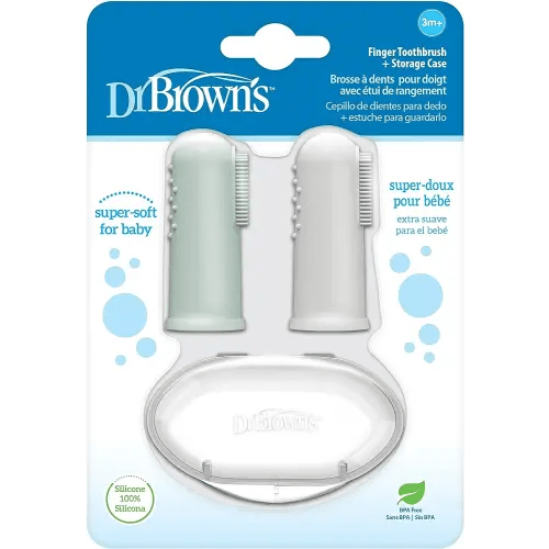 Dr. Brown's Silicone Finger Toothbrush for Baby with Travel-Storage Case, 3m+, Gray and Light Green, 2 Count, (Pack of 1)