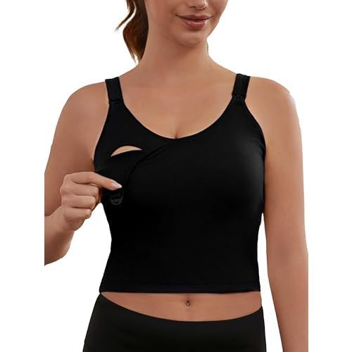 Ecavus Nursing Bras for Breastfeeding Longline Sports Maternity V Neck Buttery Soft Crop Tank Top with Built in Bra