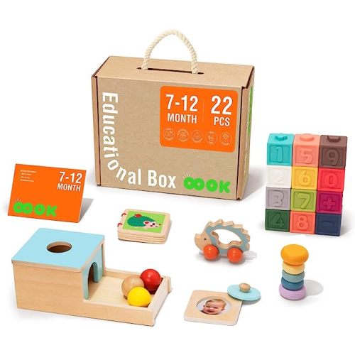 TOOKYLAND Montessori Toys for Babies 6-12 Months, 7 in 1 Learning Educational Set Wooden Toys (Includes Baby Rattle, Object Permanence Box, Wooden Book, Teething Toy and More)