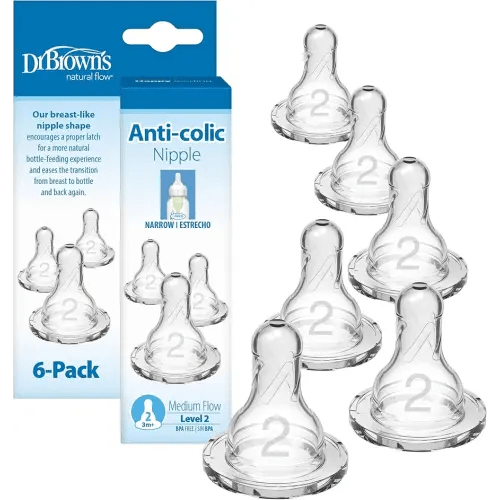 Dr. Brown’s Natural Flow Level 2 Narrow Baby Bottle Silicone Nipple, Medium Flow, 3m+, 100% Silicone Bottle Nipple, 6 Count