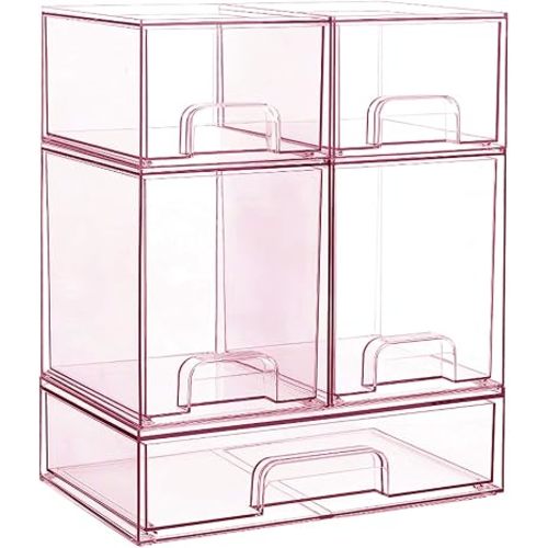 5 Pcs Stackable Storage Drawers, Clear Baby Bottle Organizer Bins, Beauty Supplies Storage, Ideal for Kichen Countertop, Vanity, Bathroom (2 Small+2 High+1 Wide)