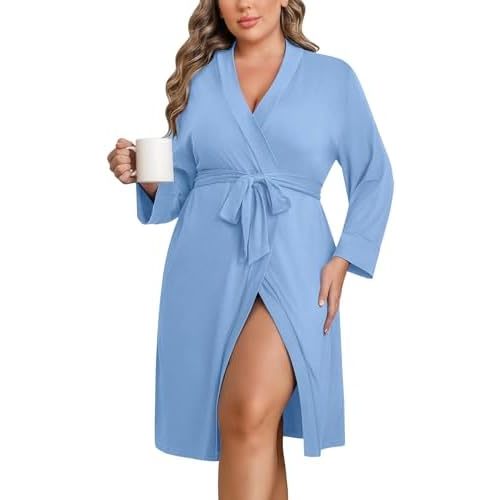 Ekouaer Women Plus Size Robe Knee Length Lightweight Bathrobe Short Kimono Robes with Pockets Maternity Robe