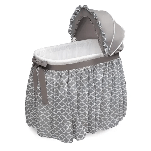 Badger Basket Wishes Rocking Baby Bassinet - Bedside Sleeper with Canopy, Bedding, Foam Pad, Storage Basket, and Flip-Up Rocking Wheels - Heirloom Quality - Gray/Lantern