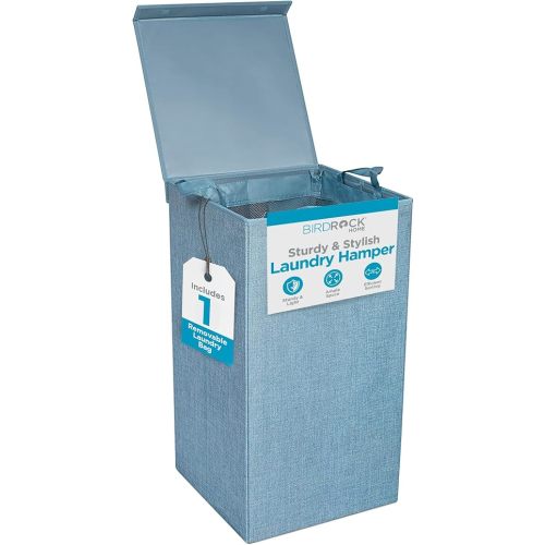 BIRDROCK HOME Laundry Hamper with Lid | Removable Bags for Sorting Clothes | Sectioned Laundry Basket for Bedroom & Bathroom | Collapsible Storage Bin with Cover | Single, Light Blue