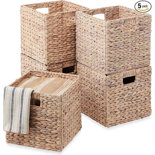 Best Choice Products 10.5x10.5in Pack of 5 Cube Storage Baskets, Water Hyacinth Multipurpose Collapsible Organizers, Handwoven Laundry Totes for Laundry, Living Room, Kids Room & Nursery - White