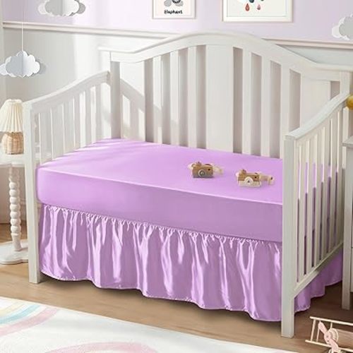 SiinvdaBZX 2-Piece Set Satin Crib Sheets & Crib Bed Skirt, 52" x 28" Silky Soft Ruffled Baby Crib Skirt with Adjustable Elastic 14" Drop, Fit for Standard Crib & Toddler Bedding (Lavender)