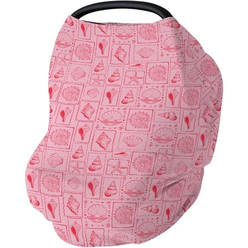 Pink Seashells Baby Car Seat Covers Boho Beach Conch Stretchy 5-in-1 Cover Coastal Adjustable Infant Carseat Canopy Cover Pastel Summer Breathable Nursing Cover-Up