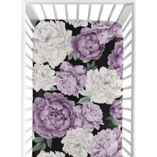 Sweet Jojo Designs Girl Baby Fitted Crib Sheet Peony Floral Garden Black and Purple
