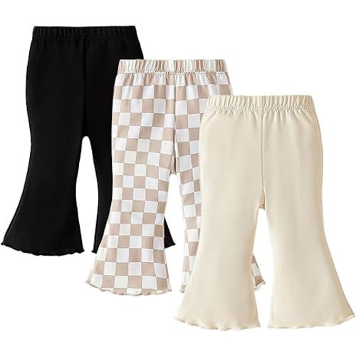 SOBOWO Checkered Baby Girl Flare Pants 3 Pack Toddler Bell Bottoms Plaid Ruffle Leggings Pants Fall Winter Outfits Size 6M-4T