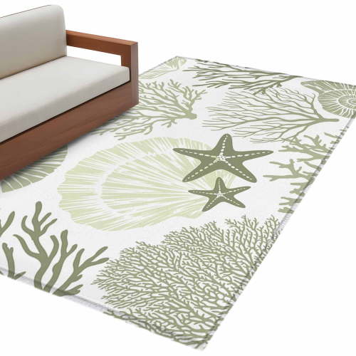 Coastal Sage Green 3'x5' Washable Rug, Ocean Coral Starfish Shell Modern Non-Slip Area Rugs for Entryway Kitchen Classroom, Dorm Throw Carpet, Low Pile Soft Indoor Floor Mat