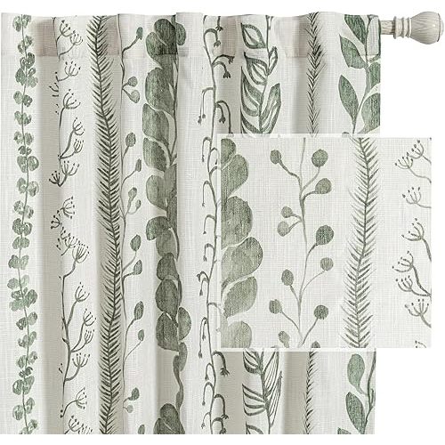 MEETSKY Sage Green Curtains 63 Inches Long Boho Curtains for Living Room Bedroom Semi-Sheer Linen Style Back Tab Drapes Light Filtering Leaf Printed Window Curtain, 50” Wide Each Panel, 2 Panels