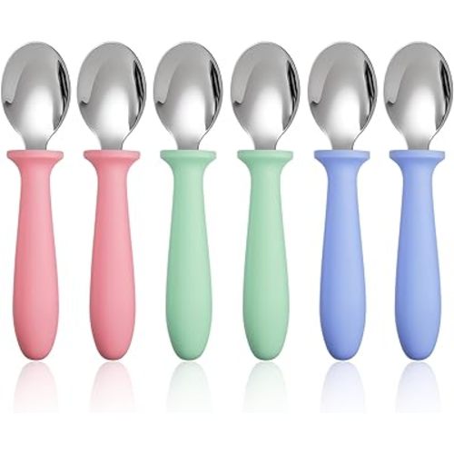 Pimoys 6-Pack Stainless Steel Toddler Spoons Baby & Kids Utensils for Self-Feeding Plastic Handle Dishwasher Safe