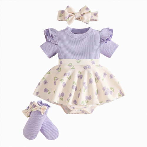 Gubotare Newborn Summer Clothes Girl Newborn Baby Girl Romper Dress Floral Short Sleeve Ruched Jumpsuit Ruffle Bodysuit Headband Infant Summer Outfits 0 3 6 9 12 18 24 Months (Purple,0-3 Months)