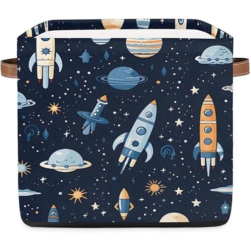 Rocket Ship Cube Storage Bin Collapsible Storage Basket with Handles Shelf Storage Organizer Cubes Fabric Storage Baskets for Toy Clothes Nersury Closet