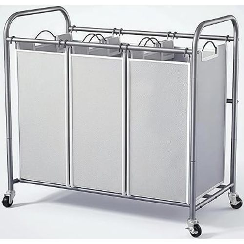 ROMOON Laundry Sorter Hamper 3 Section, Divided Laundry Basket Organizer with Heavy Duty Lockable Wheels and Removable Bags, Rolling Clothes Hamper for Apartment, Dorm & Family (130L Neutral Gray)