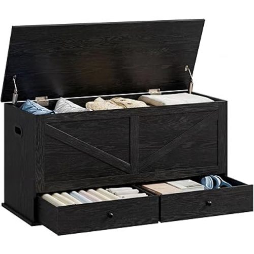 VASAGLE Storage Chest, Storage Bench with 2 Fabric Drawers, Farmhouse Style, for Entryway, Bedroom, Living Room, 15.7 x 39.4 x 19.9 Inches, Ebony Black ULSB043B02