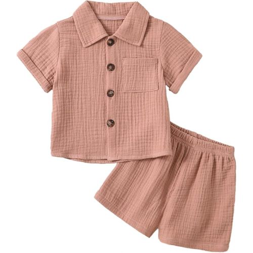 Baby Boys Clothes Set Toddler Infant Boys Button-down Shirt Tops + Cotton Gauze Shorts Summer Outfit 2PCS with Pockets