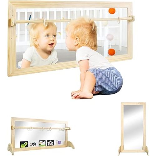 Montessori Mirror with Bar, Adjustable Wood Baby Pull Up Bar, Floor & Wall Shatterproof Safety Infant Coordination Montessori Furniture, for Home, Daycare, or Preschool