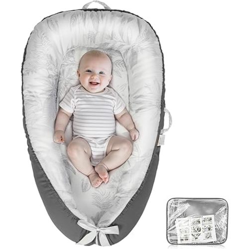 Funda para tumbona de bebé, nido para recién nacido, transpirable y suave, de algodón orgánico, funda portátil para tumbona para el hogar y viajes, ideal para recién nacidos, hojas grises