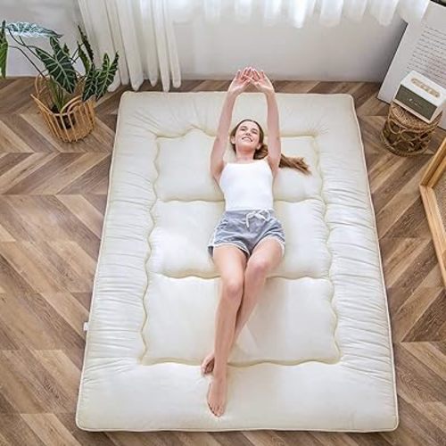 MAXYOYO Japanese Floor Mattress Futon Mattress, Thicken Sleeping Pad Foldable Roll Up Floor Futon for Adults Tatami Mat Dormitory Bed Lounger, Off White, Full Size
