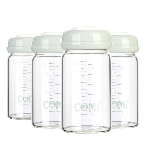 COMI Wide Neck Glass Breastmilk Collection n Storage Bottle, 4 Packs, 6oz with Screw Ring Sealing Disk; Re-markable Sealing Disc. BPA Free, Fits Breast Pumps & Nipples (4 Gray Lids)