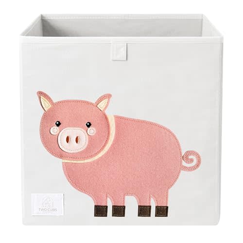 Two Cubs Foldable Kids Toy Storage Box - 13"x13" Cube Organizer Bin with Durable 2.6mm Plastic Plate Boards, Pig Design in White - Collapsible Nursery & Playroom Storage, Fits IKEA Kallax Shelves