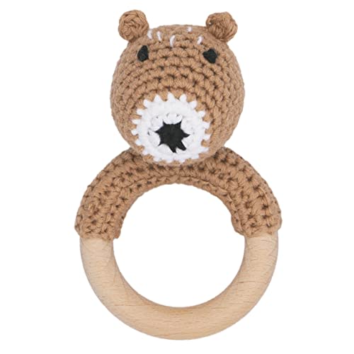 Joliecraft Woodland Friends Baby Rattle Shaker Toy with Wooden Teething Ring for Infants 3 6 9 12 Months Brown Bear