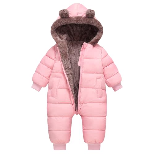 Toddler Snow Suit Baby Snowsuit Infant Winter Puffer Clohtes Hoodie | Boy Girl 0-3-6-9-12-18-24 Months 1T 2T 3T Pink Black Bear Hooded Windproof Zipper Warmth Thick Fleece Jumpsuit Blue Onesie