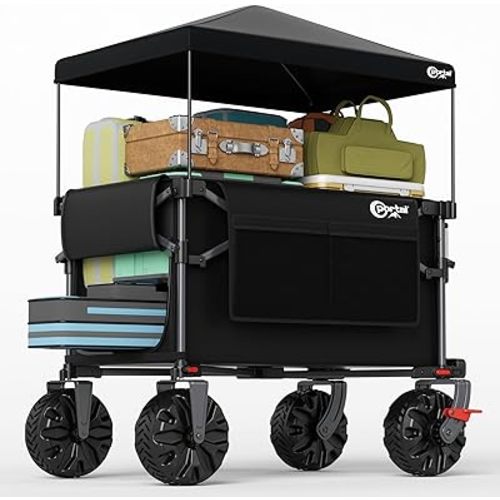 Portal 350L Collapsible Wagon Cart with Removable Canopy, 270lbs Heavy Duty Folding Utility Cart with All-Terrain Wheels & Drink Holders for Beach, Camping, Dog, Family Travel
