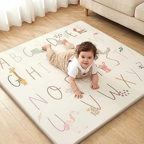 Baby Play Mat for Floor 50x50, 1.5” Thick Vegan Leather Crawling Mat with Removable Cover, Waterproof Playpen Mat for Infants and Toddlers, Wipe-Clean Kids Playmat, ABC