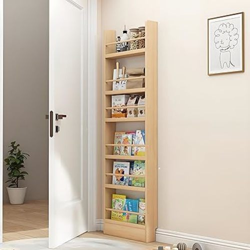 Wooden 3/4/5/6 Tier Behind The Door Bookshelf, Tall Narrow Floor Standing Bookcase, Space-Saving Storage Organizer for Books, Bedroom, Living Room, Office Wood Color 19.7x3.9x70.2