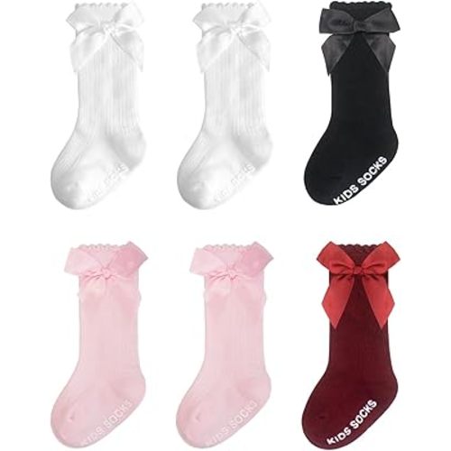 Baby Knee High Socks Girl Non Slip Toddler Stockings Cotton Bow Ruffle Newborn Long Socks Infant Dress Sock 0-6M/6-12M/1-3Y