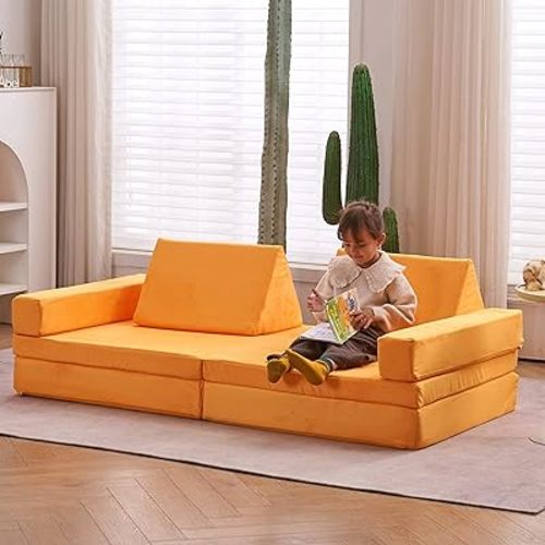 jela Kids Couch Extended Size 8PCS for Family, Floor Sofa Modular Funiture for Kids Adults, Playhouse Play Set for Toddlers Babies, Modular Foam Play Couch Indoor 66" x 33" x 22" Yellow