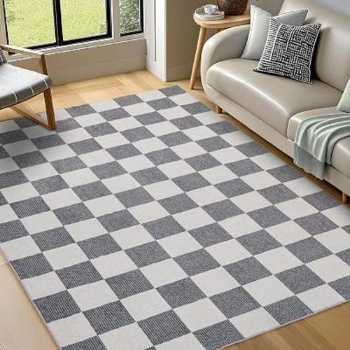 Washable Rug 5x7 ft Checkered Rug, Grey and White Area Rug, Boho Large Rugs for Living Room, Low Pile Lightweight Indoor Carpet with Non-Slip Backing for Bedroom Classroom Playroom Kids