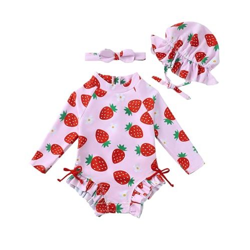 Renotemy Baby Swimsuit Girls One-Piece Swimwear Baby Beach Essentials 3M-3T | Infant Toddler Girl Bathing Suit Drawstring Zip,Long Sleeve One-Piece Rash Guard Swimwear with Hat,Summer beach Essentials