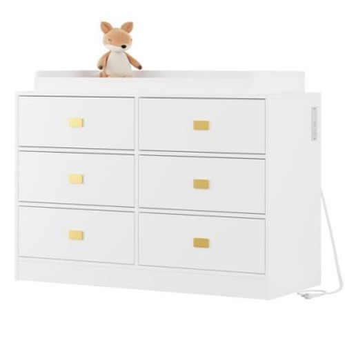 GustoWave Nursery Dresser with Changing Table Top,6-Drawer Baby Dresser with Anti-Tip Kit, Waterproof Top ,White