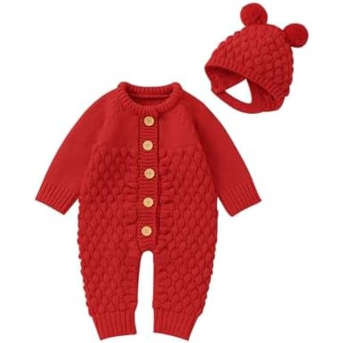 LAWKUL Traje de bebé de punto de algodón recién nacido mameluco de punto de manga larga suéter con gorro cálido conjunto niño niña