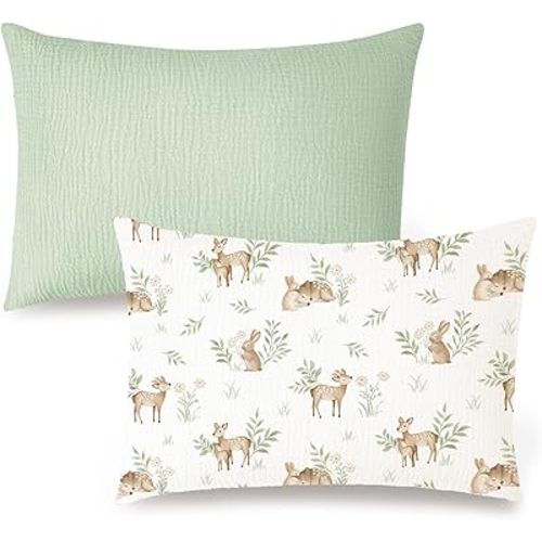 Konssy Muslin Toddler Pillowcase 13"x18", 2 Pack 100% Cotton Toddler Pillow Case for Kids, Boys, Girls, Soft & Snug Fit Baby Pillow Covers with Envelope Closure (Woodland,Sage)