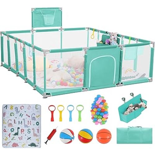 Baby playpen, 79"x71"Baby Playpen with Mat Indoor＆Outdoor Playpen for Babies and Toddlers with Breathable Play Pen with Ocean Balls Hanging Pocket Basketball Hoop (Green)