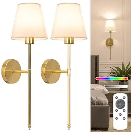 Battery Operated Wall Sconce Set of 2,Gold Rechargeable Wall Lights with 10400mAh Dimmable Bulbs and Remote,10 Colors Wireless Wall Lamps for Bedroom Living Room Hallway Decor