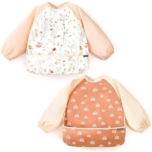 GRSSDER 2 Pack Long Sleeve Baby Feeding Bibs, Soft Waterproof Coverall Baby Led Weaning Bib with Large Food Catcher Pocket