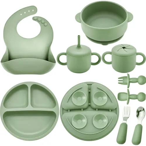 Silicone Baby Feeding Set, Baby Led Weaning Supplies, Eating Essentials Utensils with Suction Plate and Bowl, Pocket Bib, Sippy Cup with Lid, Forks Spoons Snack Container, for 6+ Months, Green