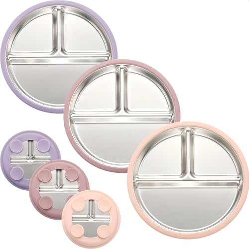 SPMKTQK 3Pack Stainless Steel Kids Plates, 8.1" Divided Kids Plate with Removable Silicone Suction Sleeves for Baby Highchairs, Non Toxic BPA Free Non-Slip Unbreakable Snack Lunch Plates