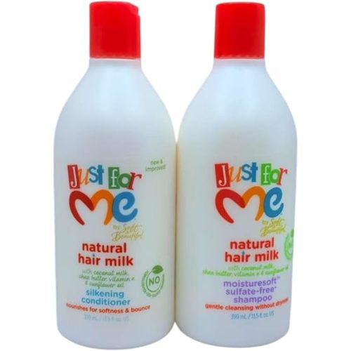 Natural Hair Milk Duo – MoistureSoft Sulfate Free Cleanser & Silkening Conditioner (13.5 oz Each) – With Shea Butter, Coconut milk, Vitamina E & Sunflower oil – for Kid’s Hair - Set 2 Pack