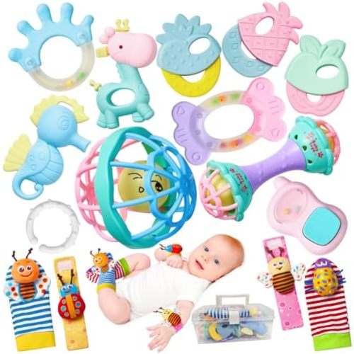 15PCS Rattles for Babies 0-6 Months - BPA-Free Baby Rattles 0-3, 6-12 Months for Newborn Soft Teething Toys Infant Toys with Wrist & Ankle Rattles, Baby Gift Set with Box for Hand-Eye Coordination